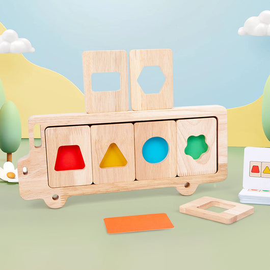 A wooden educational toy consisting of colorful geometric shapes in various compartments, designed for young children.