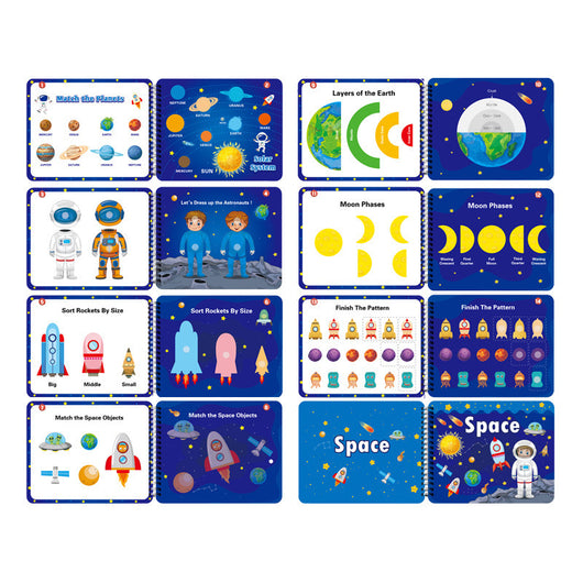 Set of educational space-themed flashcards on a white background