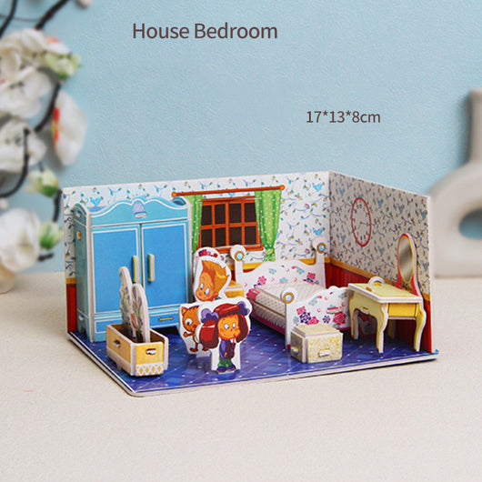 Model of a bedroom with furniture and decorations on a light blue background