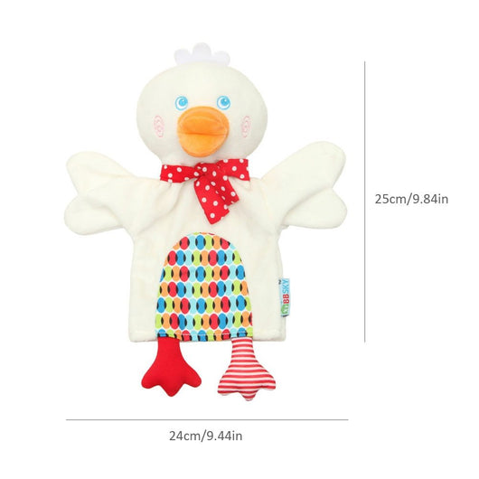 Colorful duck-shaped plush toy with a red bow tie on a white background