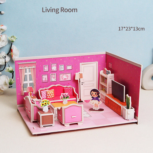 Miniature dollhouse living room set with furniture and decor on a light blue background.