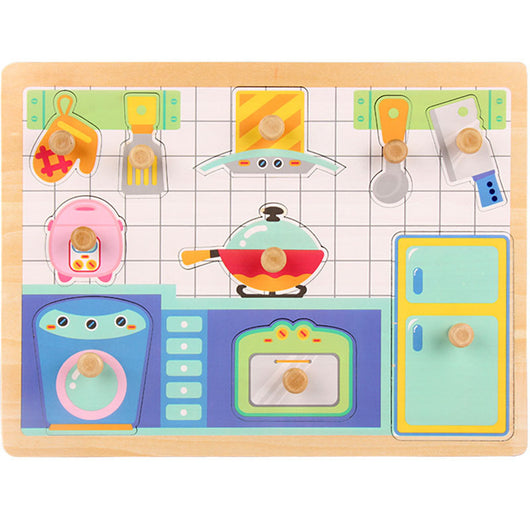 Colorful wooden kitchen puzzle with various kitchen items on a white background