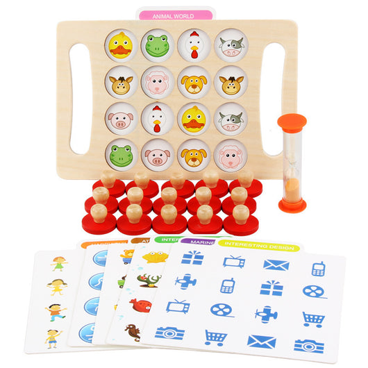 A set of wooden children's memory chess including a board, various game pieces, and cards with colorful illustrations.