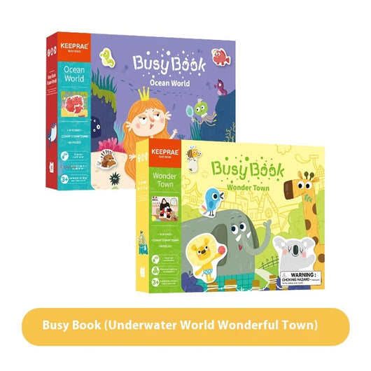 Two Busy Book covers for children, one titled 'Ocean World' and the other 'Wonder Town', on a white background.