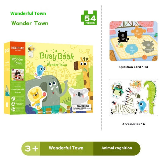 Keepprae Wonder Town Busy Book packaging with animal illustrations and accessories.
