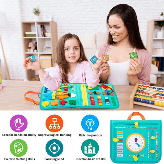 Woman and child playing with educational toys in a home setting