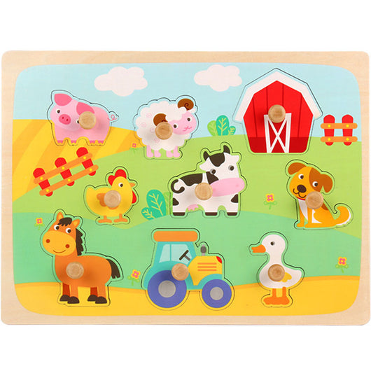 Wooden farm-themed puzzle with farm animals on a colorful background