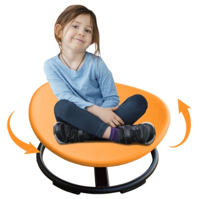A child sitting on a blue sensory swivel chair with black non-slip feet, designed for sensory integration and motor skills development.