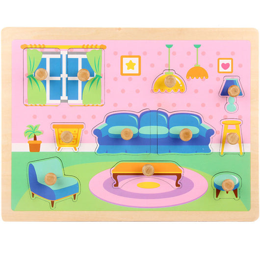 Wooden puzzle of a colorful living room scene with furniture pieces.