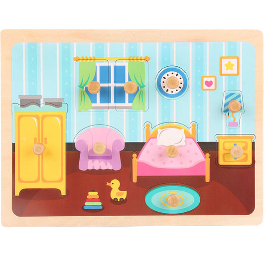 Wooden puzzle of a children's bedroom with furniture and toys.