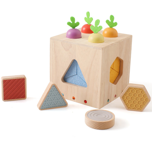 Wooden shape sorting cube with colorful geometric shapes on a white background