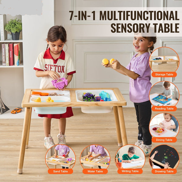 Two children playing with a 7-in-1 multifunctional sensory table in a home setting.