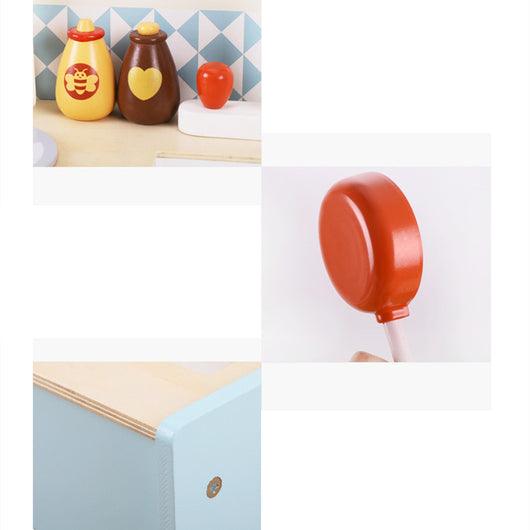 Collage of a red condiment bottle with a yellow cap, a blue cabinet, and decorative jars on a checkered wall.