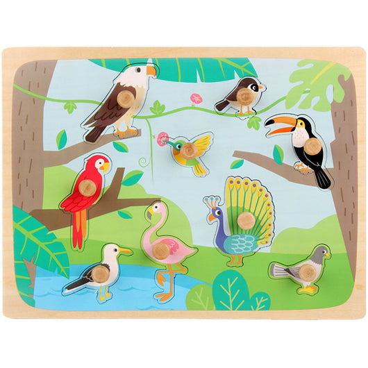 Wooden puzzle with colorful bird illustrations on a natural wood border