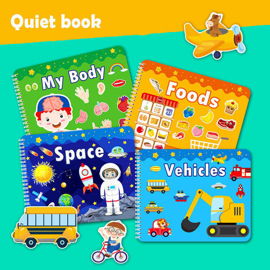 Set of educational children's books on a teal background with airplane graphics.
