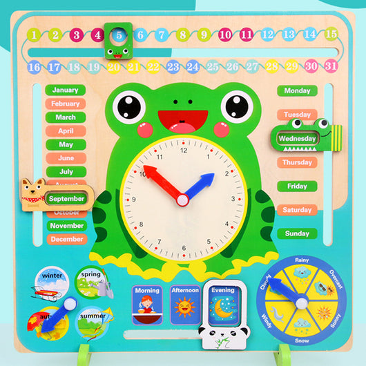 Educational children's board with a frog design, clock, calendar, and weather wheel on a blue background.