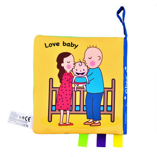 Children's book with illustrations of a family on a yellow background