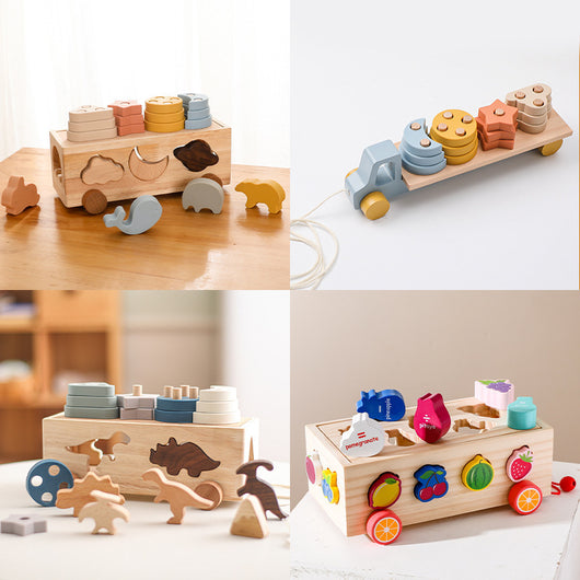 Collage of wooden toys including a train, sorting tray, and puzzle boxes on a light background.