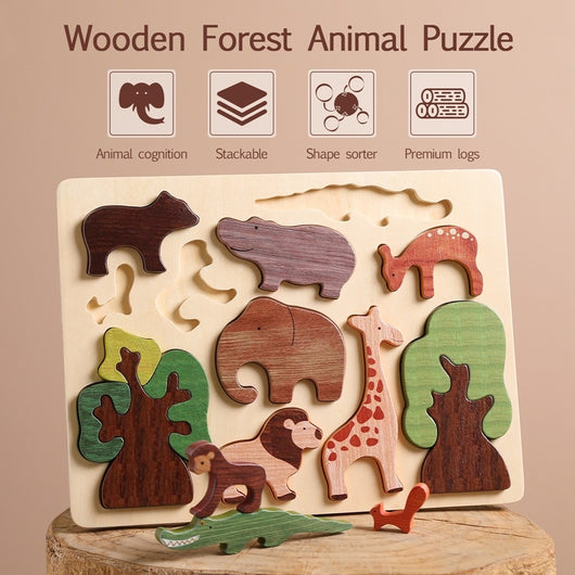 Wooden forest animal puzzle with animals and trees on a beige background