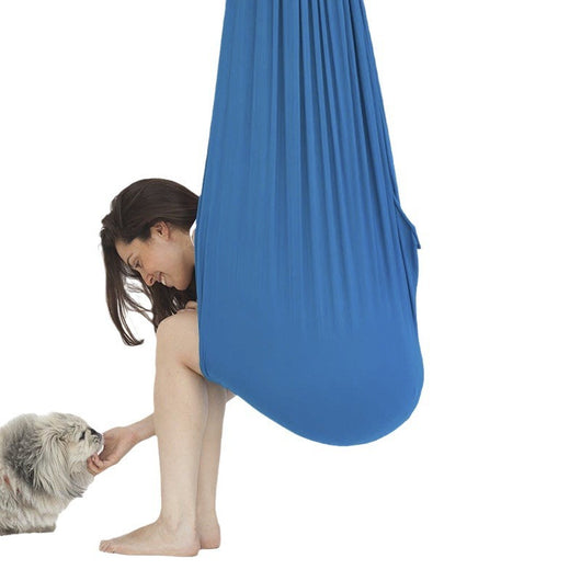 Person using a blue aerial yoga hammock with a dog on a white background