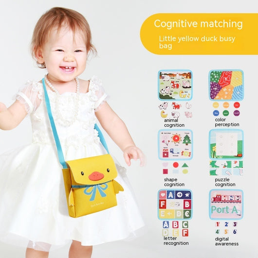 A young child carrying a small yellow duck busy bag, with text highlighting two ways to carry backpacks and books.