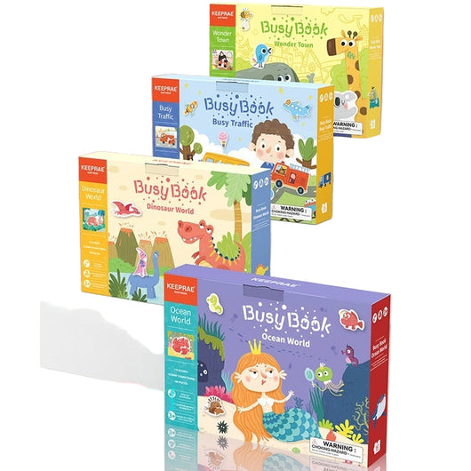 Four colorful children's Busy Book boxes on a white platform with a pink background