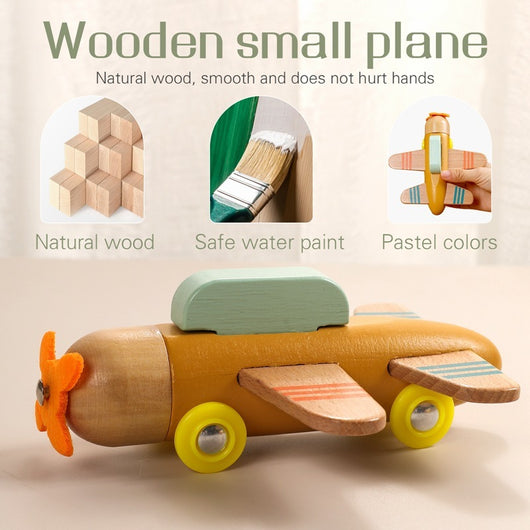 Wooden toy plane with natural wood, safe water paint, and pastel colors on a beige background.