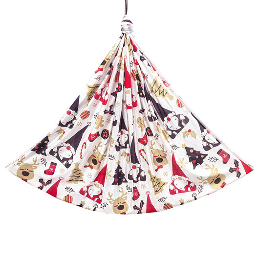 Christmas-themed fabric hammock with reindeer, Santa Claus, and trees on a white background