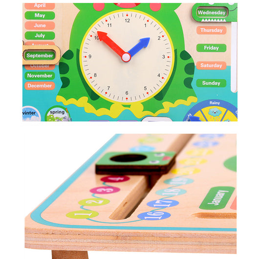 Children's educational toy with a clock and calendar on a white background