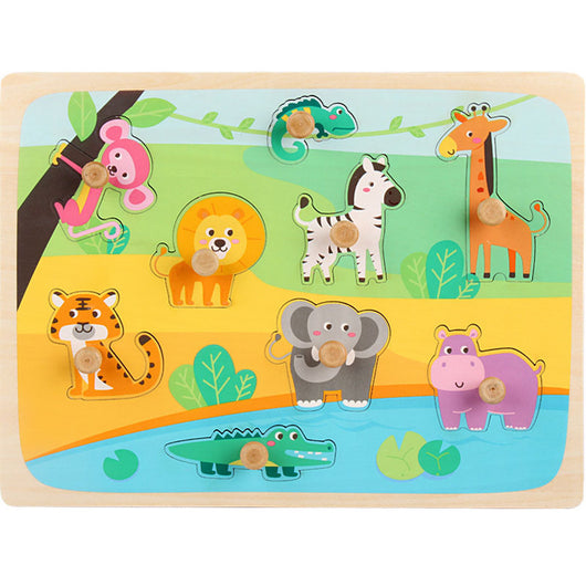 Wooden puzzle with colorful animal figures on a wooden board