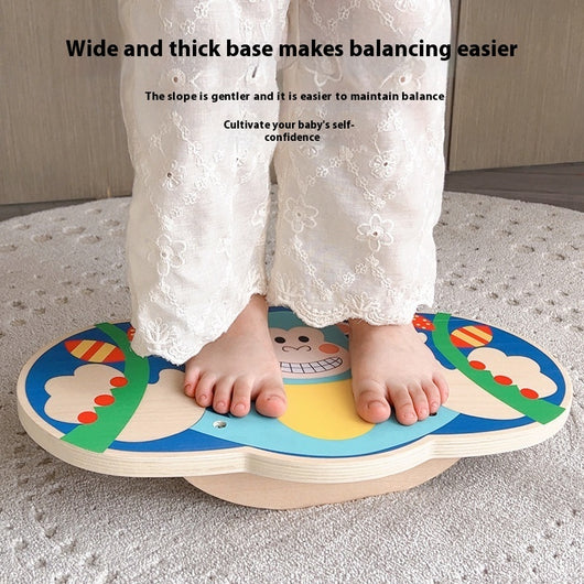 Child's feet on a colorful balance board with text about its benefits.