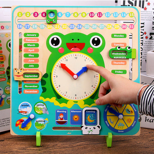Children's educational toy with a frog design, clock, and calendar on a wooden board.