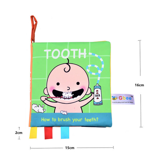 Children's book titled 'TOOTH: How to brush your teeth?' with a cartoon illustration of a baby brushing its teeth, on a white background.