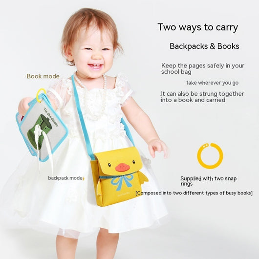 A young child carrying a small yellow duck busy bag, with text highlighting two ways to carry backpacks and books.