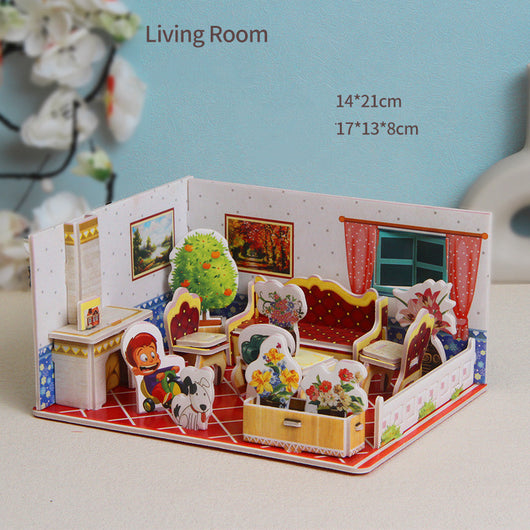 Miniature model of a living room with furniture and decor on a light blue background
