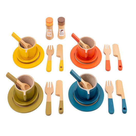 Colorful toy kitchen set with cups, saucers, forks, and spoons on a white background