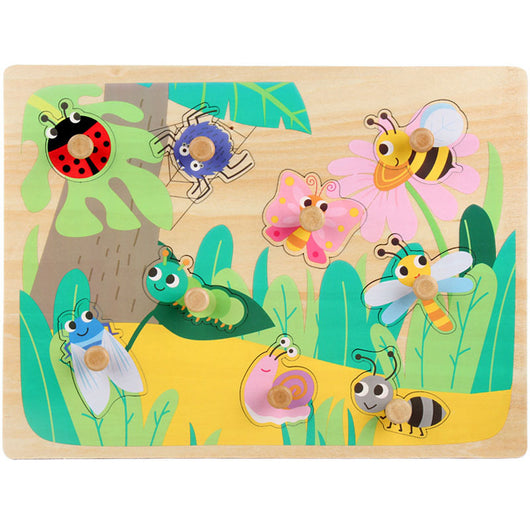 Wooden puzzle with colorful insect figures on a natural wood background