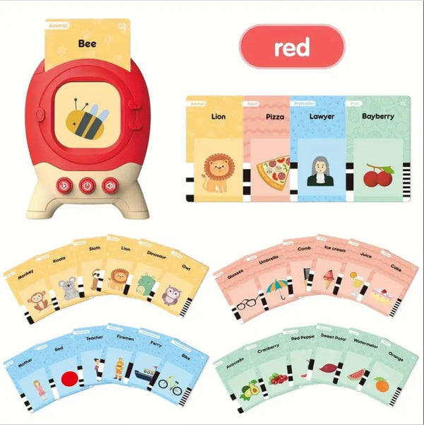 Educational toy with cards featuring animals, objects, and people on a white background.
