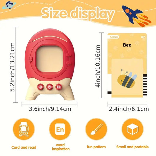Size display of a toy device with dimensions and features listed.