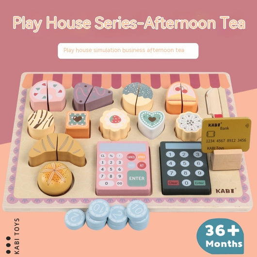 Wooden toy set for children with pastel colors, including a calculator and toy food items, on a pink background.