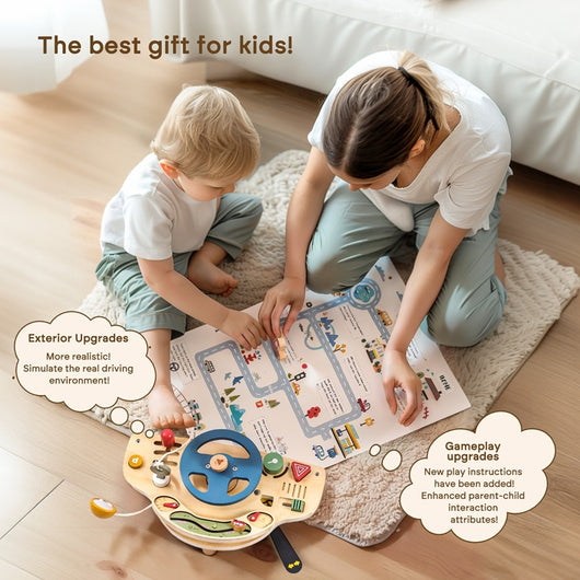 Woman and child playing with a toy car set on a rug, with text about the product's features.