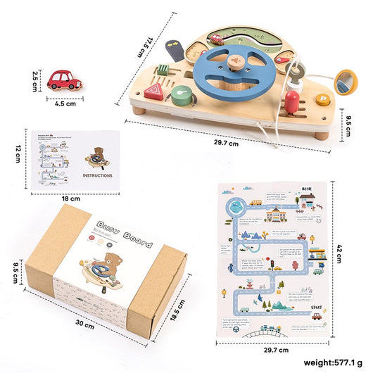 Wooden toy busy board with steering wheel and buttons, packaging, and map on a white background
