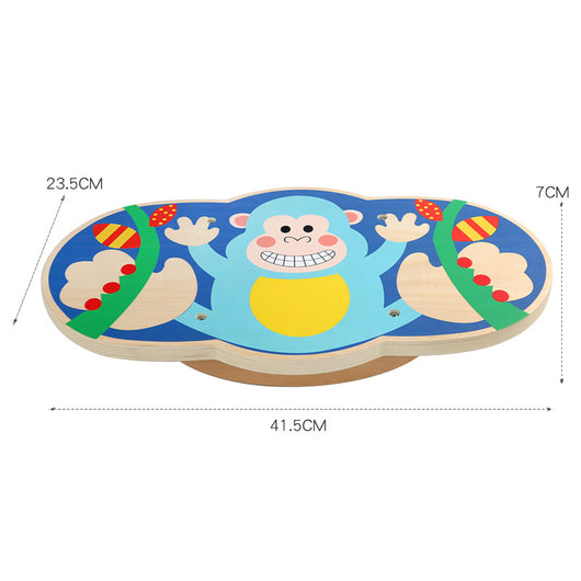 Wooden toy with monkey design and measurements on a white background
