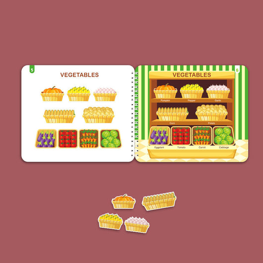 Educational book about vegetables with illustrations on a purple background