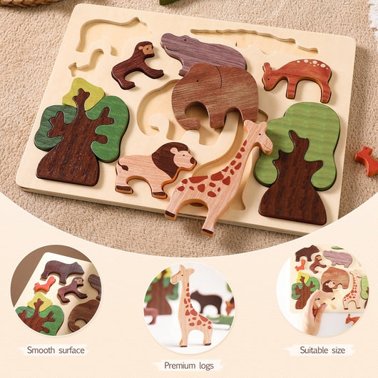 Wooden puzzle with animal pieces on a wooden board, surrounded by additional puzzle pieces.