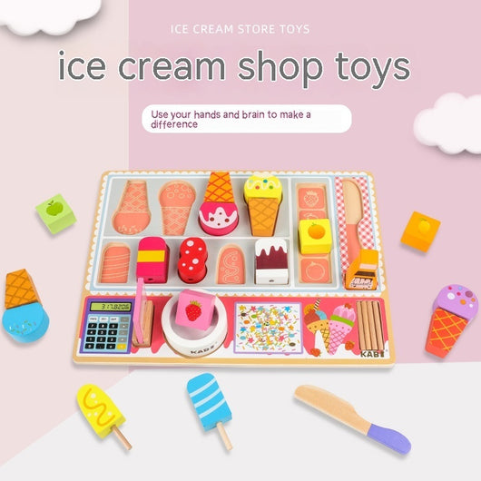 Wooden ice cream shop toy set with various ice cream cones and tools on a pink background.