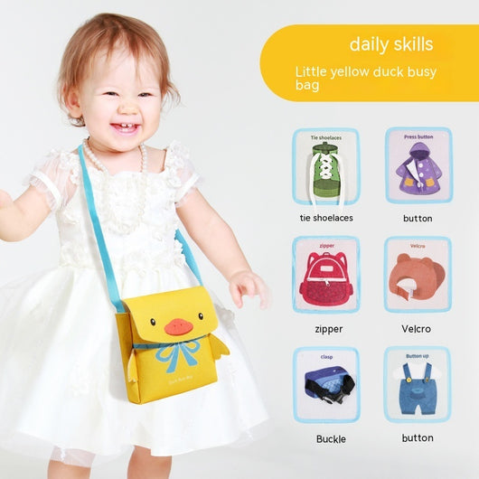 A young child carrying a small yellow duck busy bag, with text highlighting two ways to carry backpacks and books.