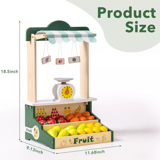 Wooden toy fruit stand with scale and measurements on a white background