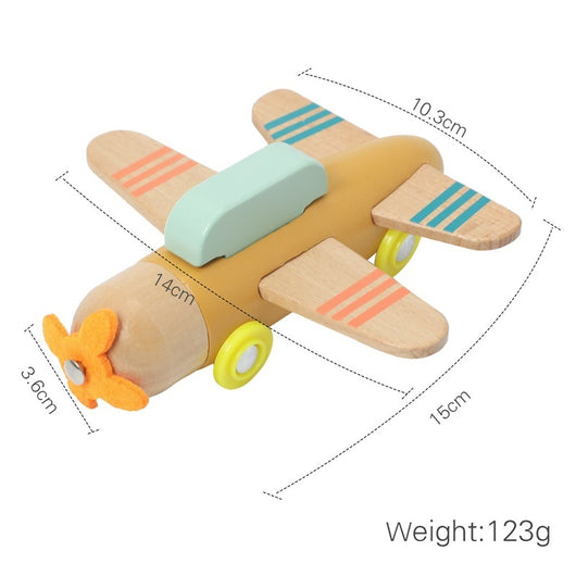 Wooden toy airplane with measurements and weight displayed