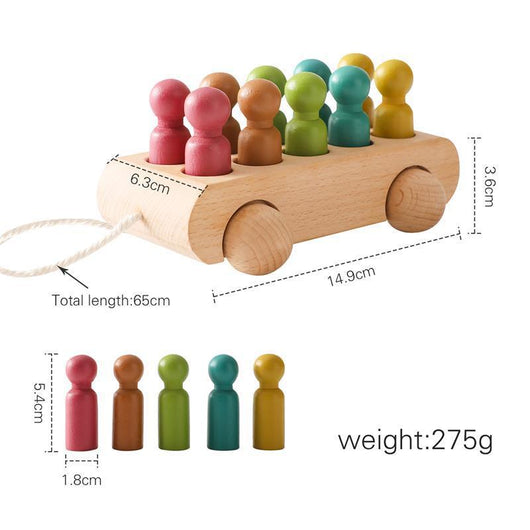 Wooden toy car with colorful pegs and measurements on a white background
